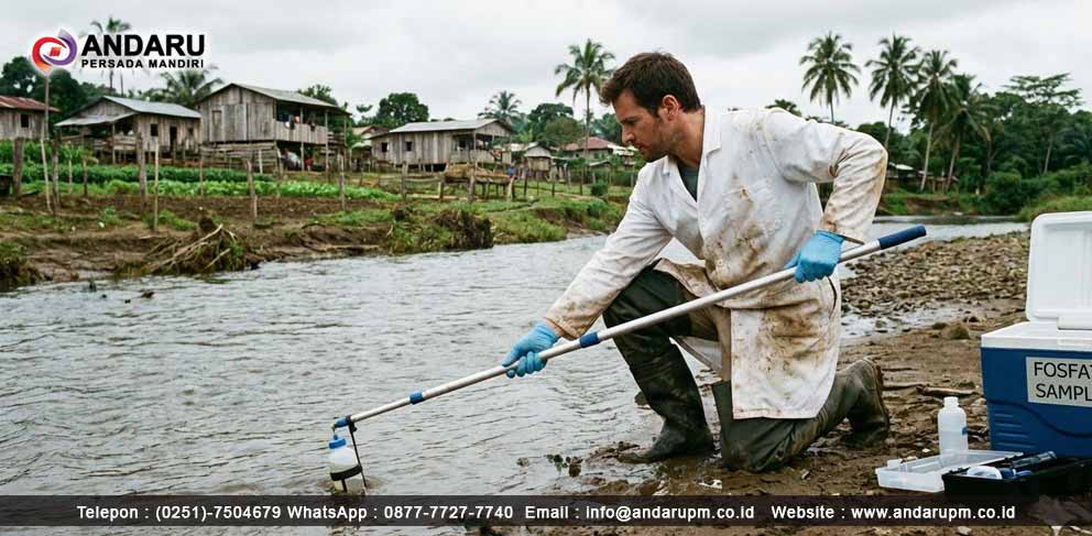 Ilustrasi pengambilan sampel air untuk uji fosfat Pengambilan sampel air untuk uji fosfat.