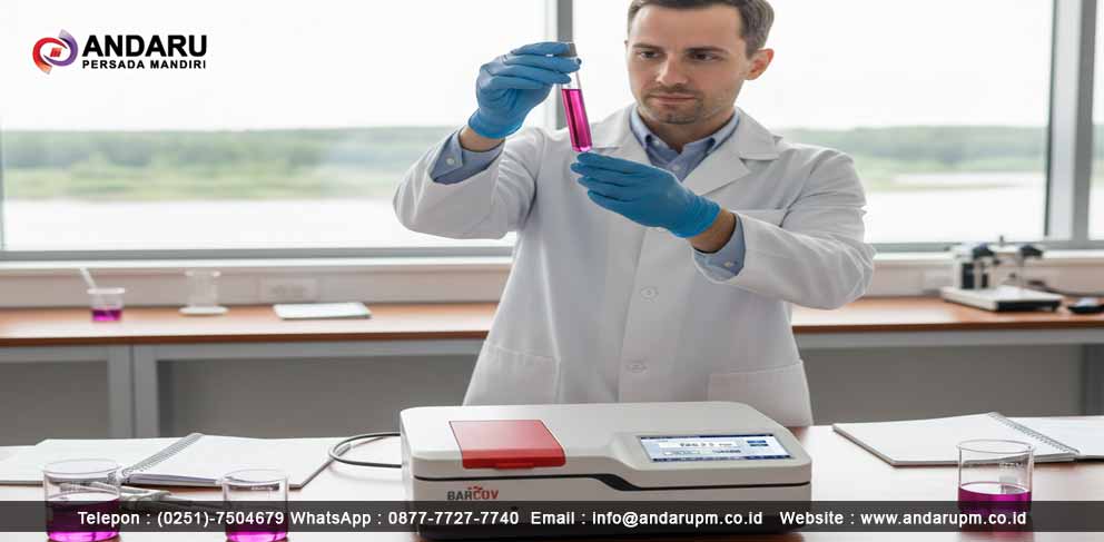 Ilustrasi pengujian nitrat pada sampe air menggunakan spektrofotometer Pengujian nitrat pada air sungai menggunakan spektrofotometer.