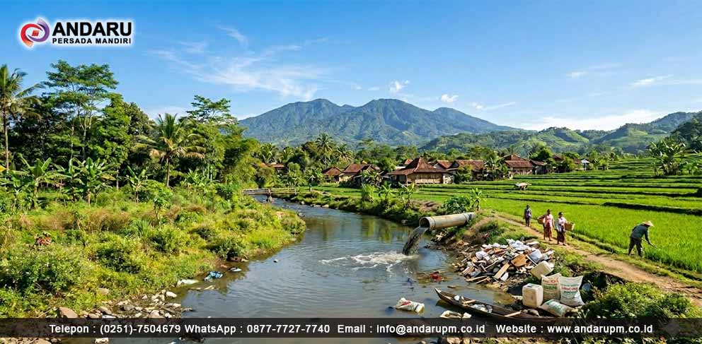 Ilustrasi cemaran pada air sungai yang memungkinkan besar kandungan kation di dalamnya. Pencemaran pada air sungai.